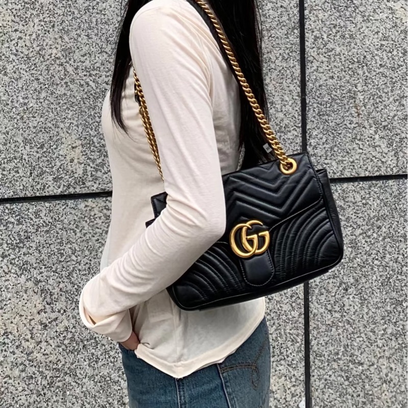 二手GUCCI 黑色GG Marmont 馬夢古銅金鍊雙G翻蓋2用包(小號26cm)443497-12
