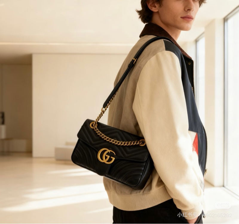 二手GUCCI 黑色GG Marmont 馬夢古銅金鍊雙G翻蓋2用包(小號26cm)443497-14