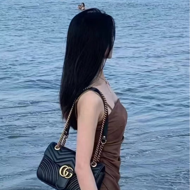 二手GUCCI 黑色GG Marmont 馬夢古銅金鍊雙G翻蓋2用包(小號26cm)443497-15