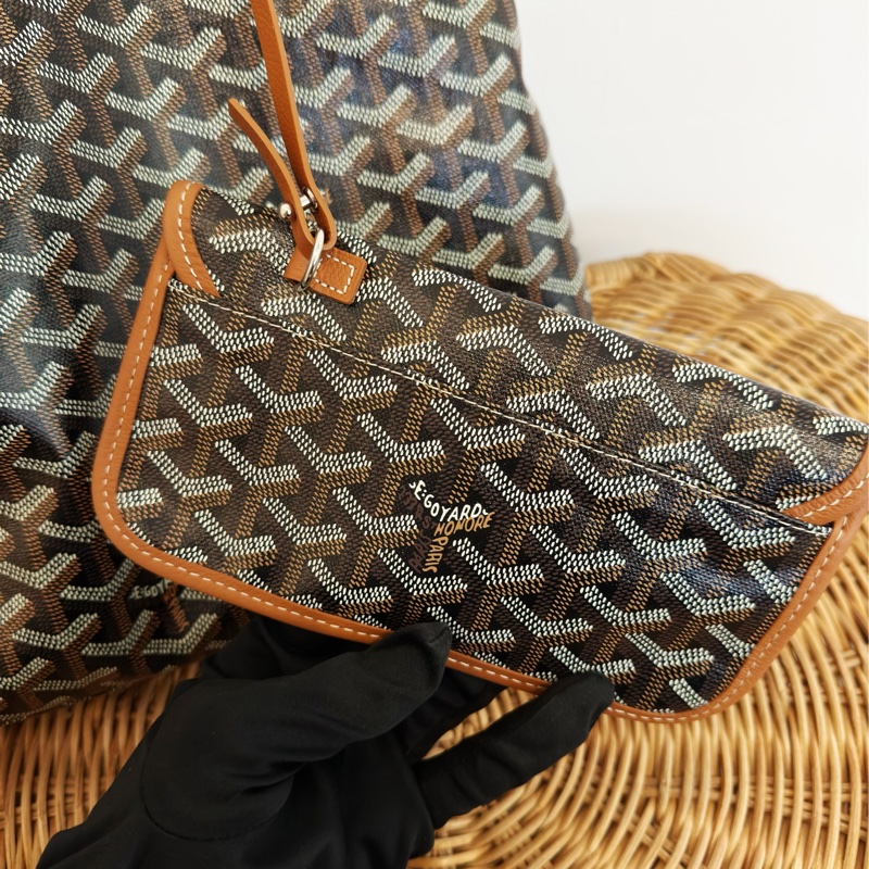 全新GOYARD焦糖色HOBO BAG印花防水帆布單肩背購物包黑棕色-9