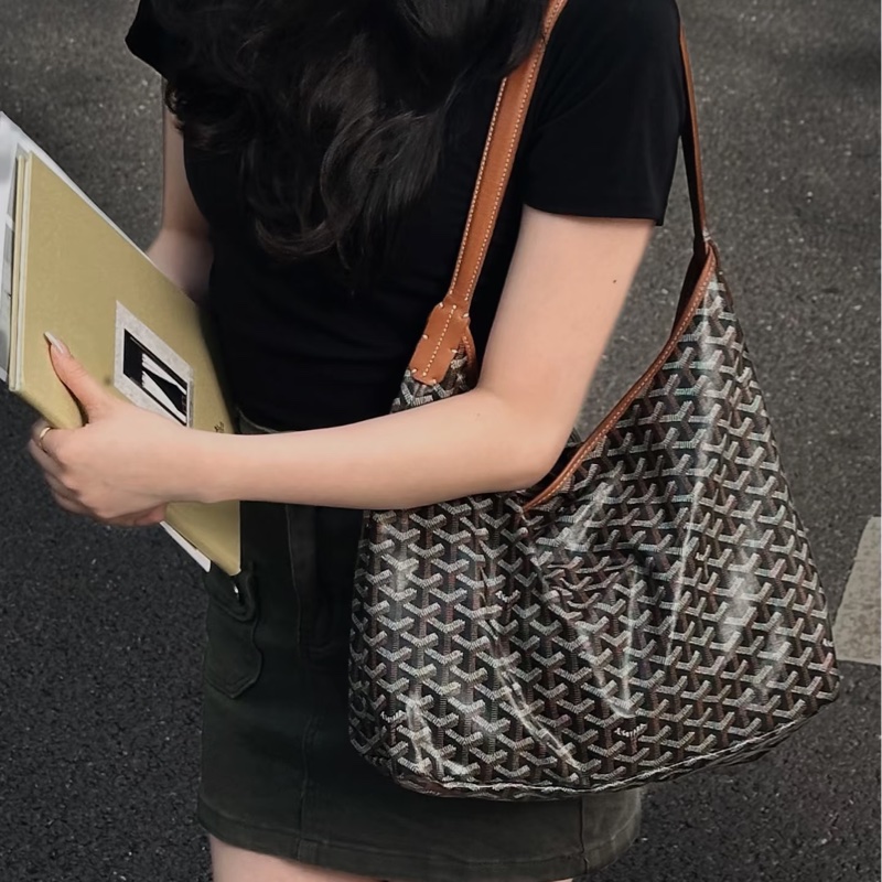 全新GOYARD焦糖色HOBO BAG印花防水帆布單肩背購物包黑棕色-11