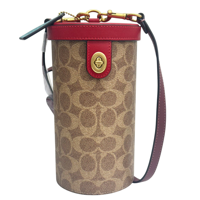 紅色牛皮 棕色PVC 圓桶 肩背包【COACH 寇馳】 C2443-0