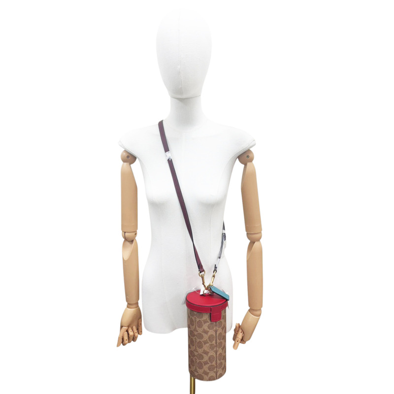 紅色牛皮 棕色PVC 圓桶 肩背包【COACH 寇馳】 C2443-6