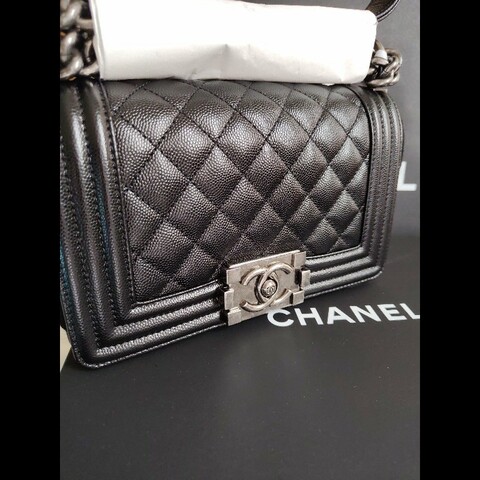 CHANEL 香奈兒荔枝牛BOY20復古黑銀