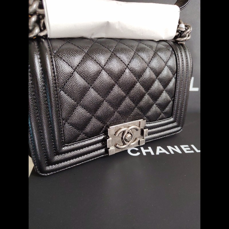 CHANEL 香奈兒荔枝牛BOY20復古黑銀-0