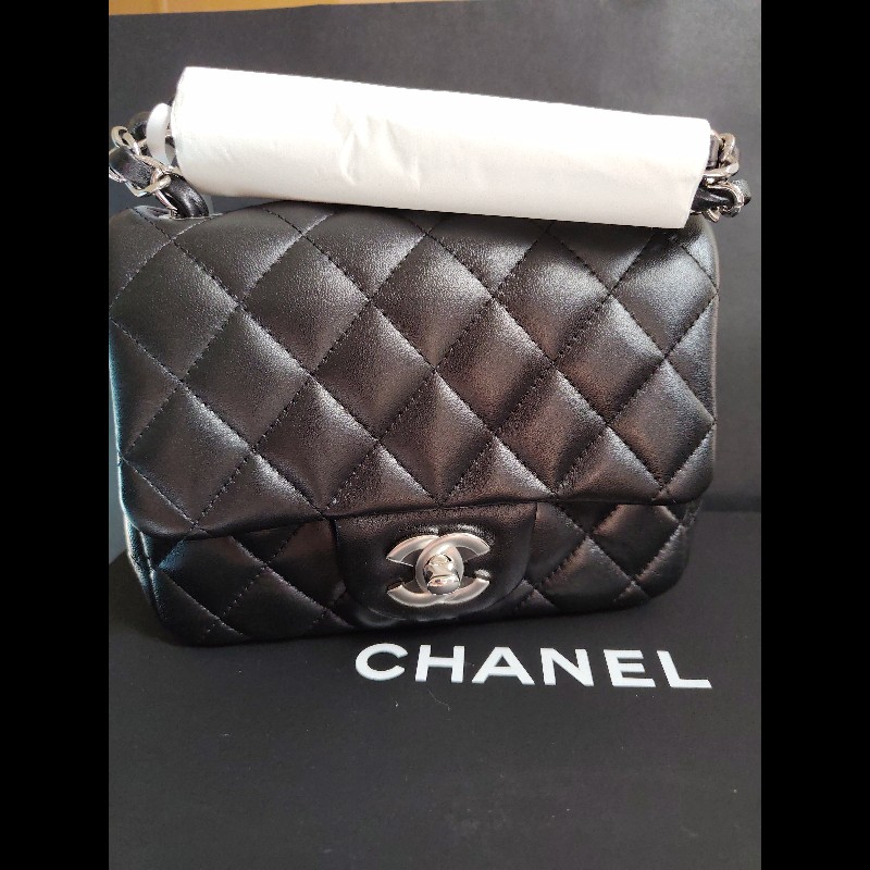 CHANEL 香奈兒CF黑銀羊mini 方胖17-0