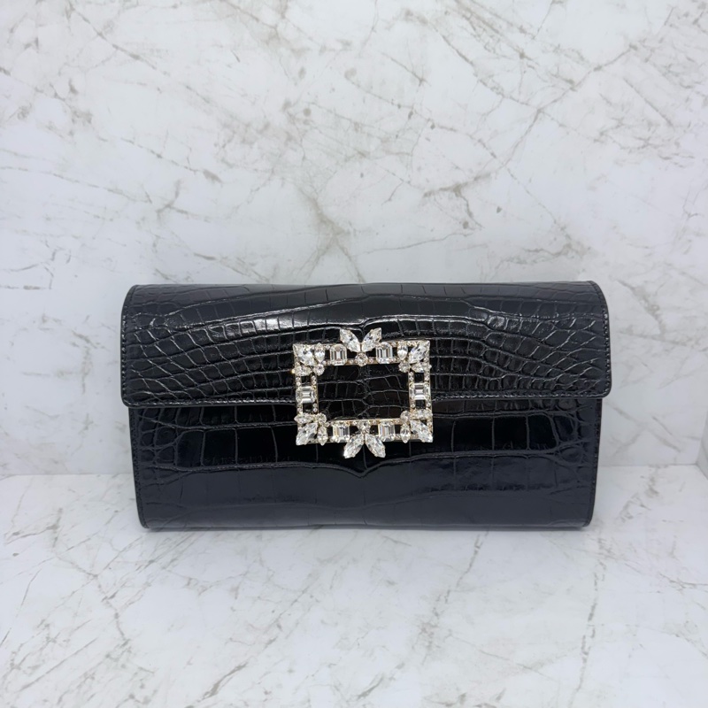 RV黑金鱷魚皮方鑽扣翻蓋鍊包-0