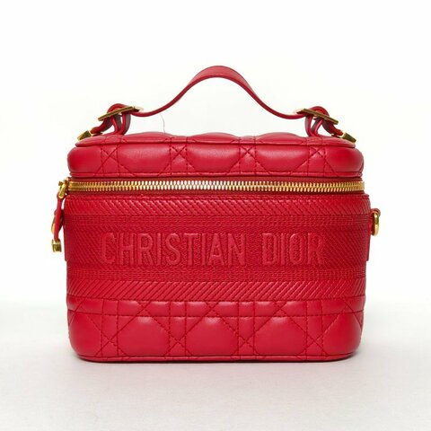 DIOR DiortravelVanity化妝包小號18.5紅色羊皮金扣2020藤格紋肩背包