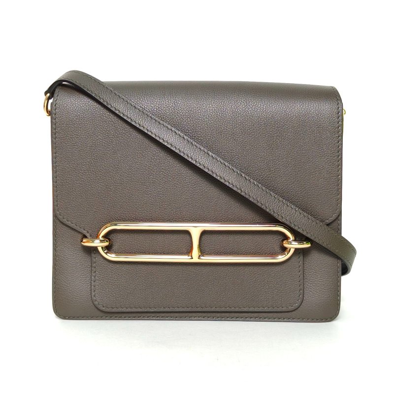 HERMES Roulis豬鼻子23C6灰綠色EC皮Y刻金扣肩背包-0