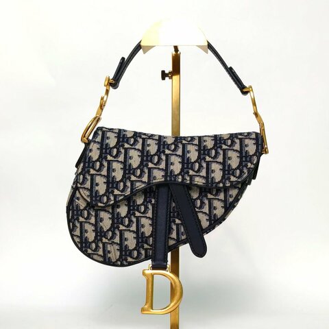DIOR SADDLE馬鞍小號21配肩帶墨藍色帆布金扣2020Oblique印花肩背包