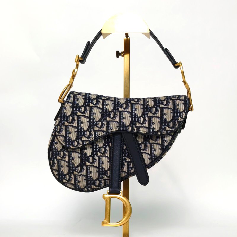 DIOR SADDLE馬鞍小號21配肩帶墨藍色帆布金扣2020Oblique印花肩背包-0