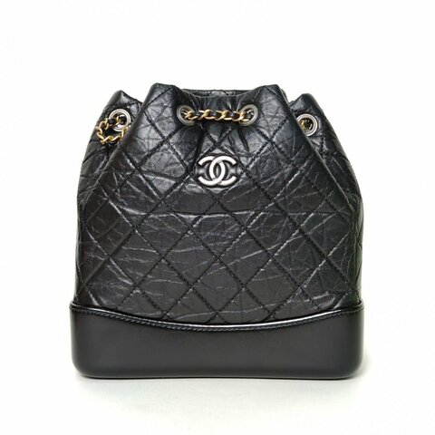 CHANEL GABRIELLE流浪雙肩包小號22.5黑色牛皮晶片開金銀扣菱格紋肩背包