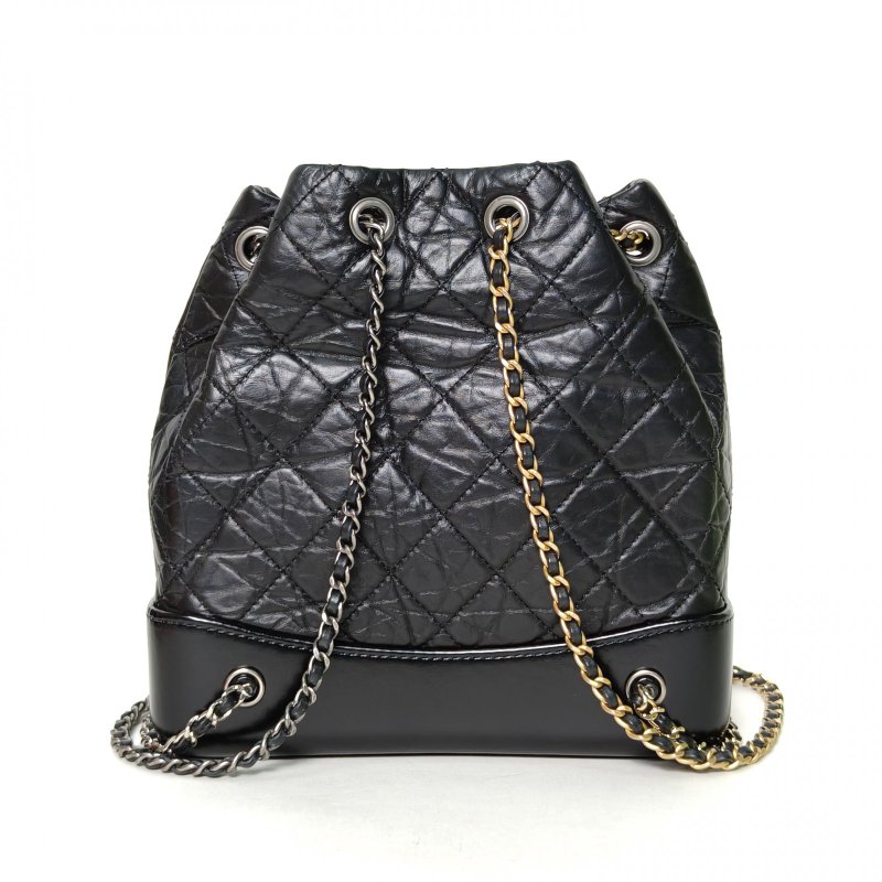 CHANEL GABRIELLE流浪雙肩包小號22.5黑色牛皮晶片開金銀扣菱格紋肩背包-2