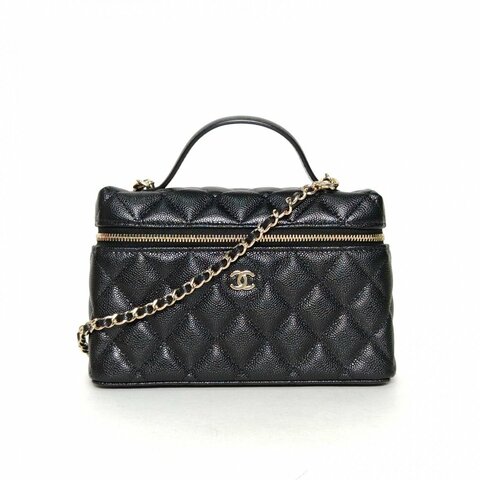 CHANEL 25C飯盒包黑色荔枝牛皮鐳射標淺金扣單皮穿鏈肩帶皮手柄肩背包