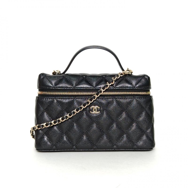 CHANEL 25C飯盒包黑色荔枝牛皮鐳射標淺金扣單皮穿鏈肩帶皮手柄肩背包-0