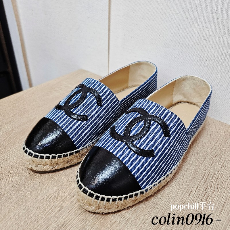 [福利出清☺️] Chanel 白藍線條帆布鉛筆鞋-0