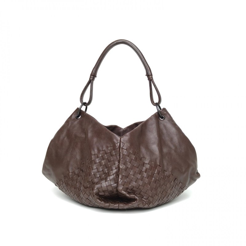 BOTTEGA VENETA 深巧克力色羊皮鎢鋼扣經典編織開口笑腋下hobo包肩背包-0