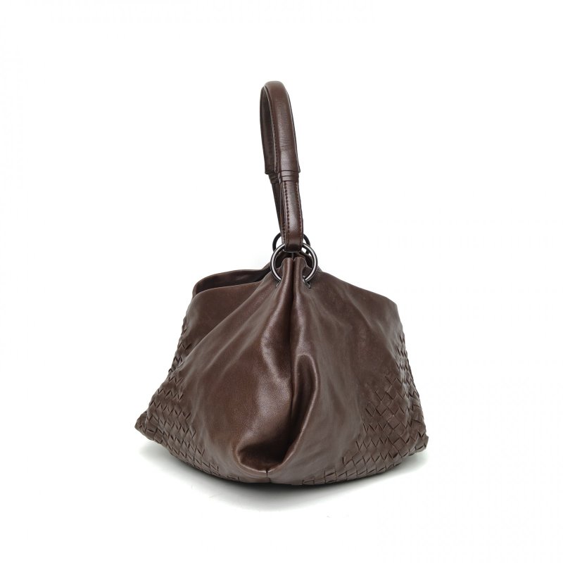BOTTEGA VENETA 深巧克力色羊皮鎢鋼扣經典編織開口笑腋下hobo包肩背包-3