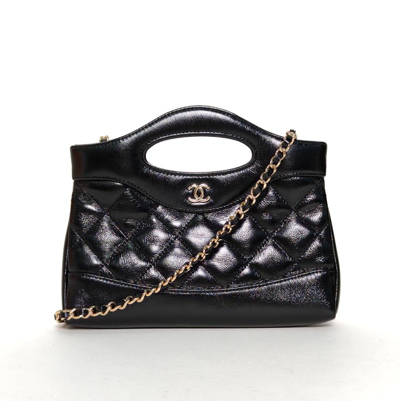 CHANEL 31BagNano橫版20.5黑色羊皮鐳射標淺金扣肩背包-0