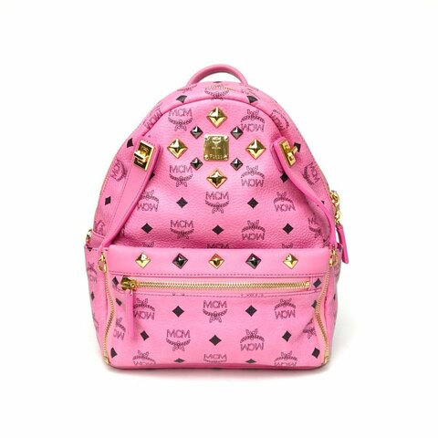 MCM 粉色PVC鉚釘二合一斜挎包雙肩包中號肩背包