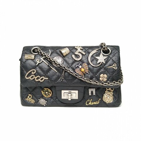 CHANEL 2.55口蓋包迷你20黑色牛皮20開銀扣5號蝴蝶徽章菱格紋肩背包