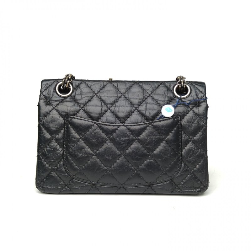 CHANEL 2.55口蓋包迷你20黑色牛皮20開銀扣5號蝴蝶徽章菱格紋肩背包-2