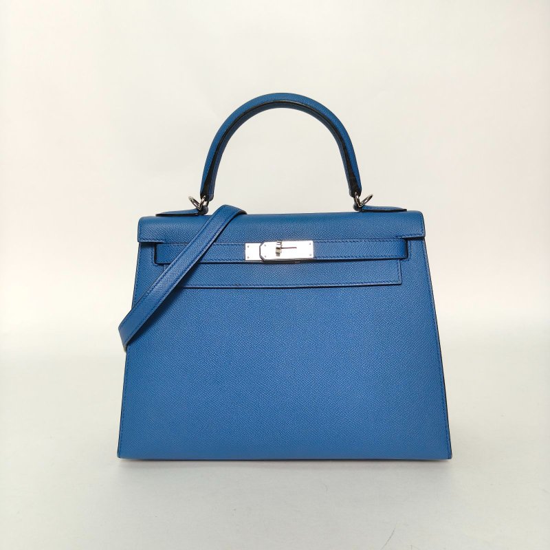 HERMES Kelly287E明藍色Epsom皮A刻銀扣肩背包-0