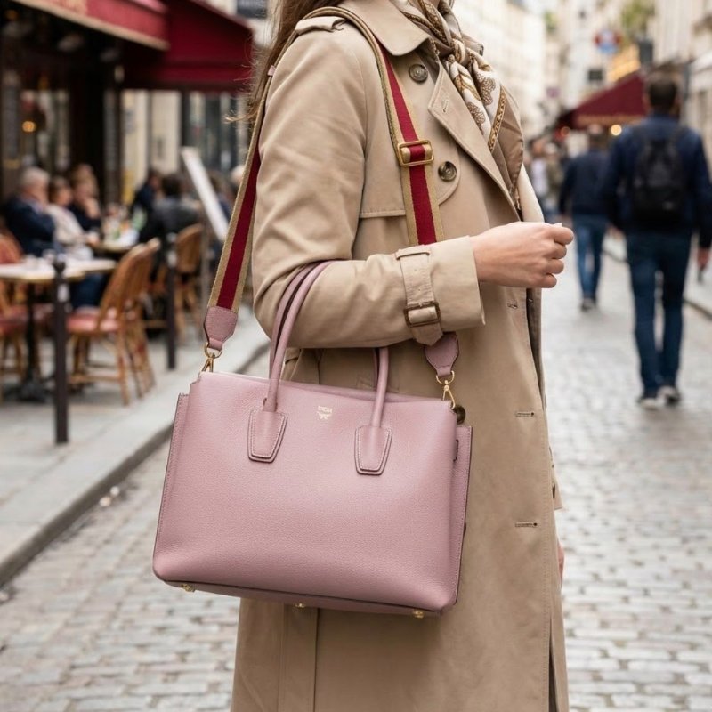 MCM櫻花粉荔枝牛皮手提肩背斜背包32*22*13 98新配件塵袋-0