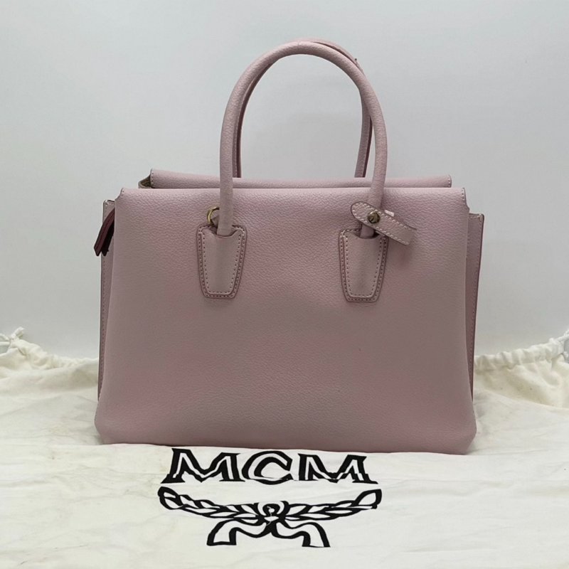 MCM櫻花粉荔枝牛皮手提肩背斜背包32*22*13 98新配件塵袋-6