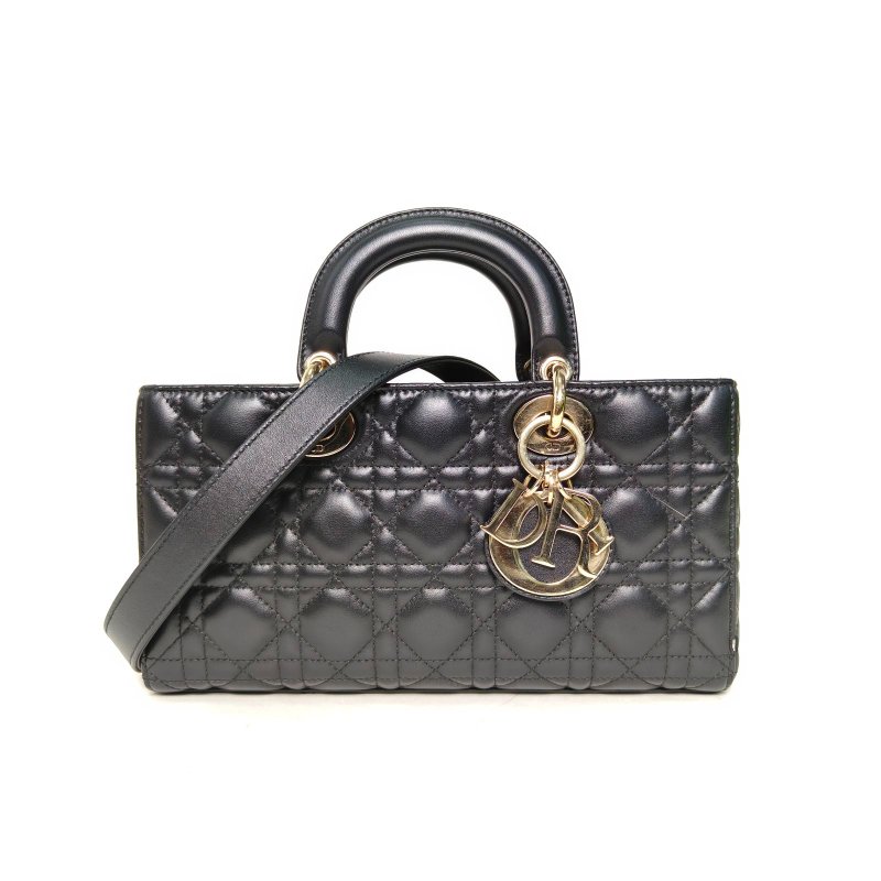 DIOR LadyD-Joy橫版戴妃包中號26黑色羊皮金扣2023肩背包-0
