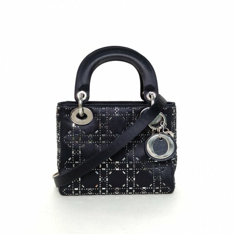 DIOR Lady戴妃包三格黑色緞面銀扣2017鏡面珠飾刺繡肩背包