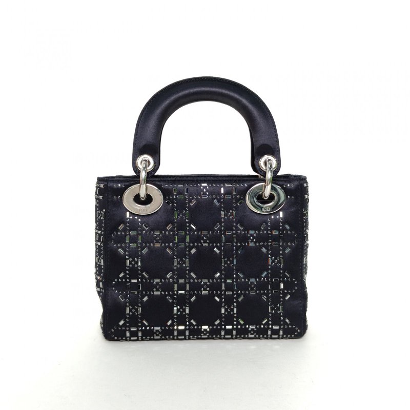 DIOR Lady戴妃包三格黑色緞面銀扣2017鏡面珠飾刺繡肩背包-2