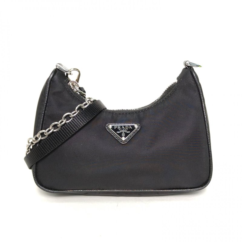 PRADA 黑色尼龍Hobo腋下包鏈條細肩帶超mini肩背包-0