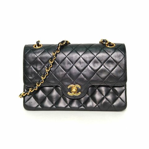 CHANEL 中古黑金羊單肩包Jennie同款黑色羊皮0開金扣肩背包
