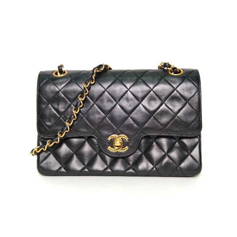 CHANEL 中古黑金羊單肩包Jennie同款黑色羊皮0開金扣肩背包-0