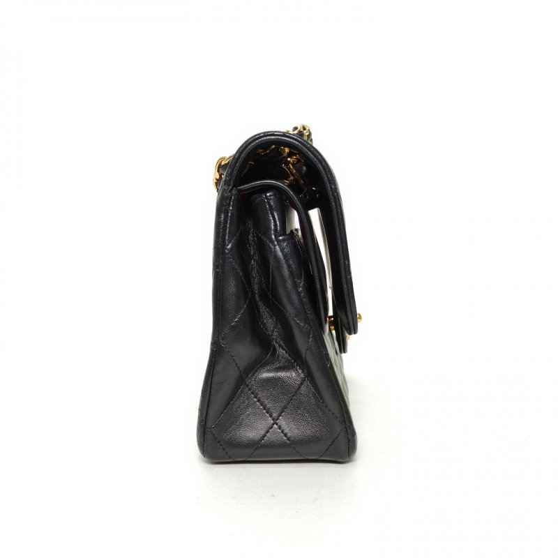 CHANEL 中古黑金羊單肩包Jennie同款黑色羊皮0開金扣肩背包-3