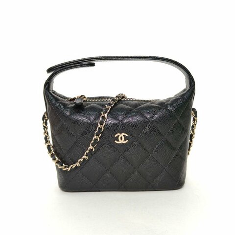 CHANEL 嬉皮HOBO飯盒包25C/16黑色荔枝牛皮鐳射標淺金扣菱格紋皮手柄肩背包