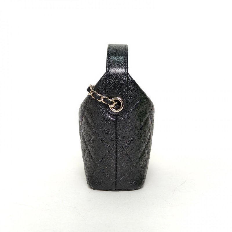 CHANEL 嬉皮HOBO飯盒包25C/16黑色荔枝牛皮鐳射標淺金扣菱格紋皮手柄肩背包-3