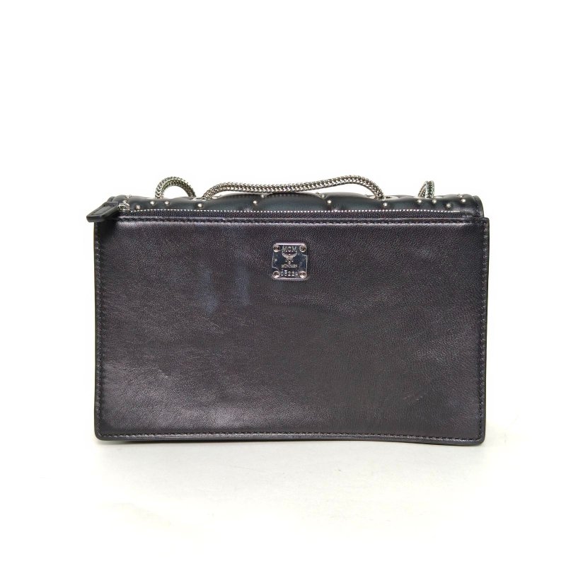 MCM 黑色牛皮銀扣鉚釘鏈條單肩包肩背包-2