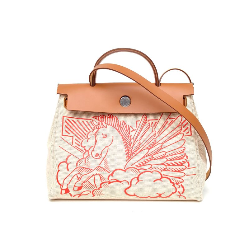 HERMES HerbagZip31紅飛馬手提包14米色帆布Z刻銀扣肩背包-0