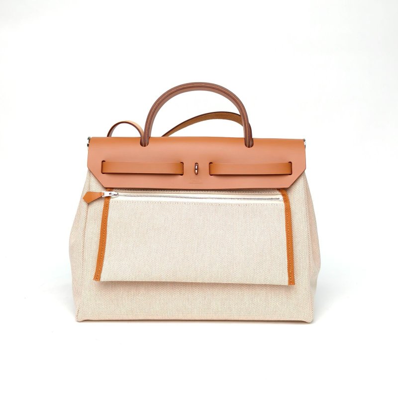 HERMES HerbagZip31紅飛馬手提包14米色帆布Z刻銀扣肩背包-2