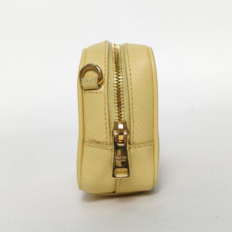PRADA 黃色牛皮金扣十字紋相機包mini14.5肩背包-3