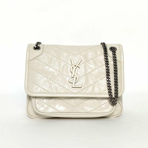 SAINT LAURENT NikiMini21D扣米白色牛皮銀扣肩背包