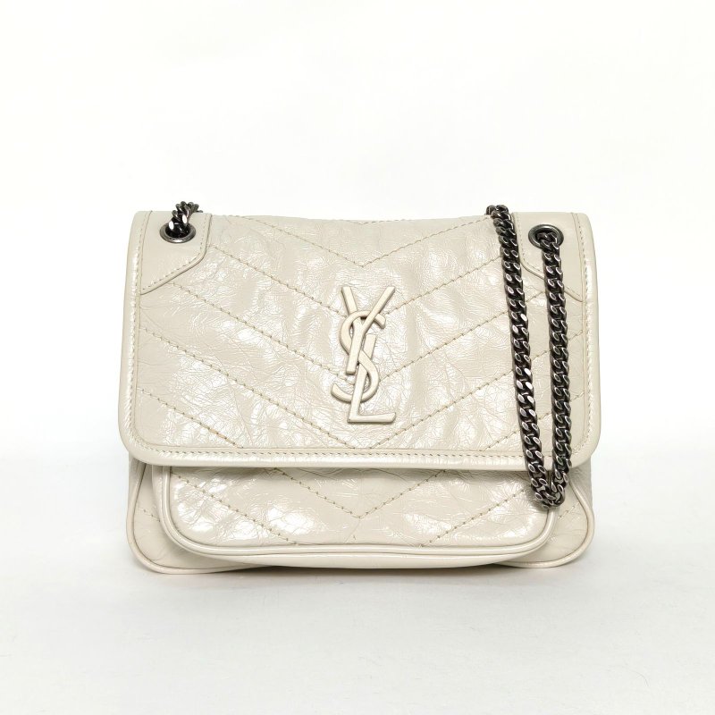 SAINT LAURENT NikiMini21D扣米白色牛皮銀扣肩背包-0