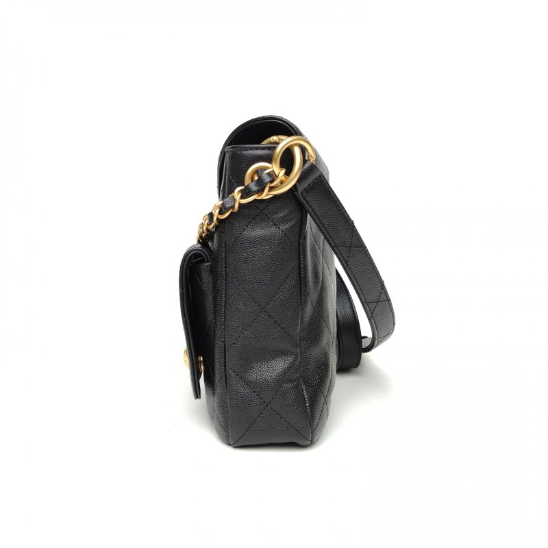 CHANEL Suppletwins24P嬉皮Hobo郵差包小號24.5黑色荔枝牛皮晶片開金扣肩背包-1