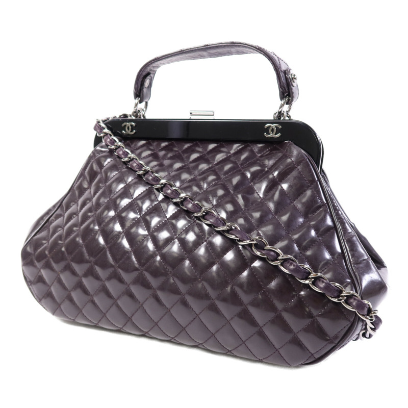 CHANEL 漆皮皮革Chain Shoulder Bag銀扣鏈帶手挽肩背兩用袋-2