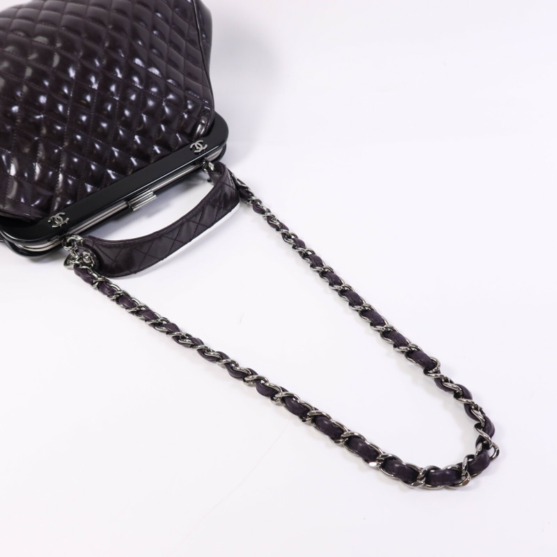 CHANEL 漆皮皮革Chain Shoulder Bag銀扣鏈帶手挽肩背兩用袋-4