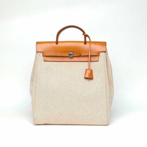 HERMES 中古Herbag雙肩包31豎版14米色拼21自然色帆布/Hunter牛皮框G銀扣肩背包