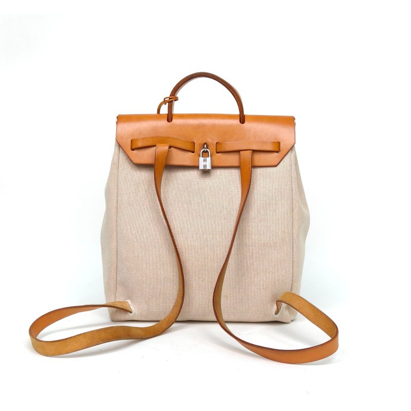 HERMES 中古Herbag雙肩包31豎版14米色拼21自然色帆布/Hunter牛皮框G銀扣肩背包-2