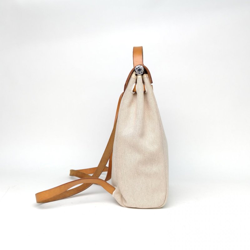 HERMES 中古Herbag雙肩包31豎版14米色拼21自然色帆布/Hunter牛皮框G銀扣肩背包-3